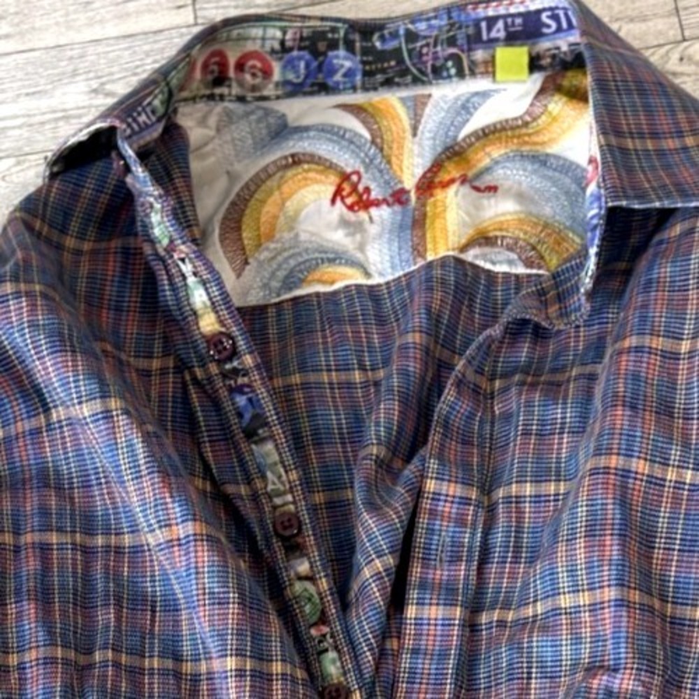 Robert Graham Mens Multi Plaid New York City Subway Embroidered Shirt MEDIUM